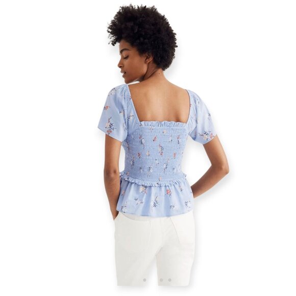 Madewell Romantic Aloha Floral Blue Smocked Flutter-Sleeve Top  size S - Picture 4 of 14